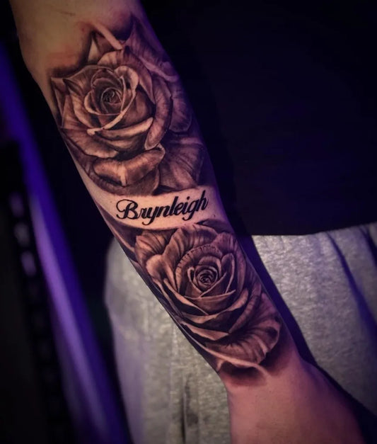 Big Blackwork Roses Banner on Men Arm Tattoo by @clare_bearr_