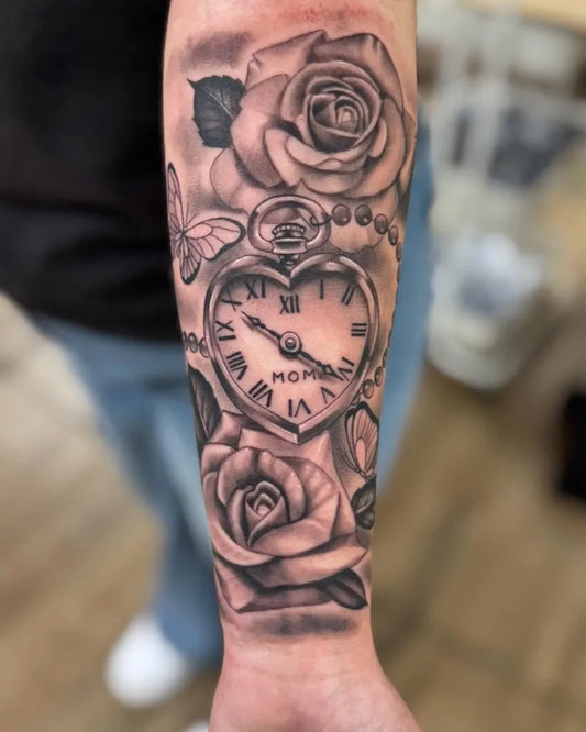 Big Blackwork Roses Heart Clock on Men Arm Tattoo by @richard.rangel154