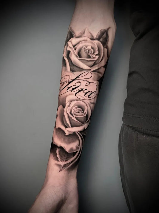 Big Blackwork Roses and Name on Men Arm Tattoo by @steo_cats_tattoo