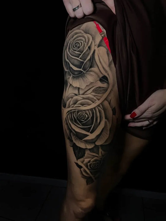 Big Blackwork Roses on Women Thigh Tattoo by @cleopatrainkalesund