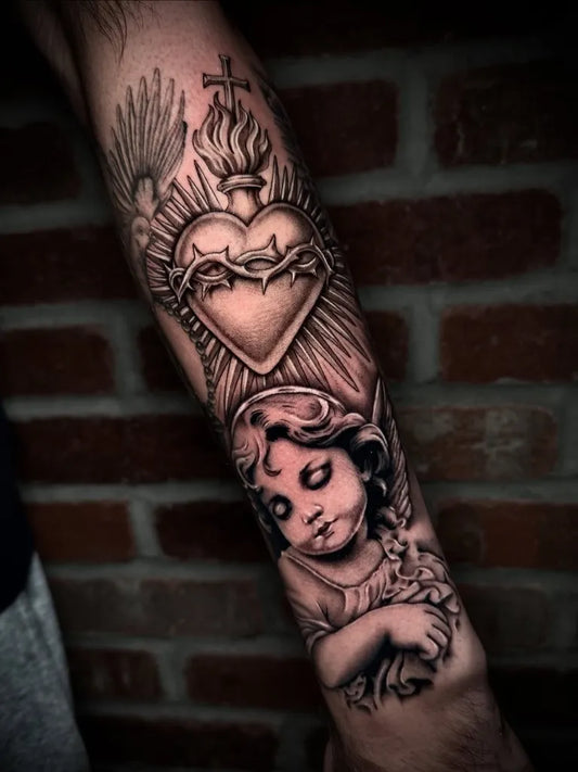 Big Blackwork Sacred Heart Angel on Men Arm Religious Tattoo by @rip__smith