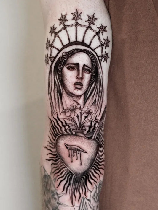 Big Blackwork Sacred Heart Virgin Mary Tattoo on Women Arm by @_bootattoos