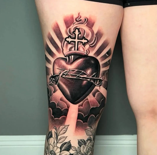 Big Blackwork Sacred Heart with Cross and Rays Tattoo on Women Thigh by @mikemoney909