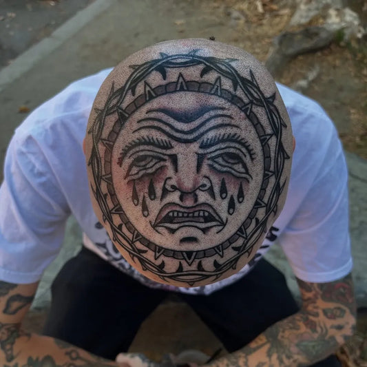 Big Blackwork Sad Sun with Barbed Wire Tattoo on Men Head by @bradlee_brixx