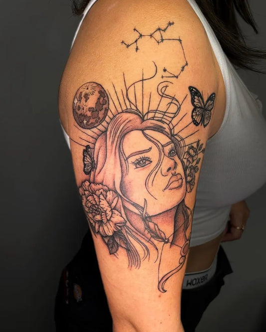 Big Blackwork Sagittarius Woman Shoulder Tattoo on Women by @hella_vanilla