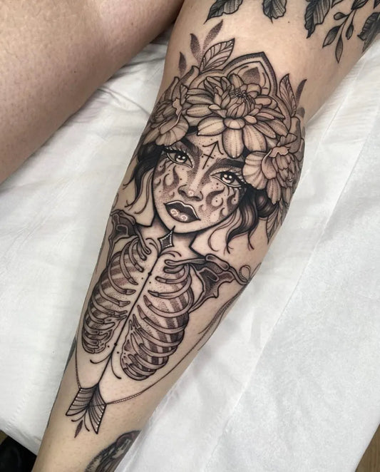 Big Blackwork Sagittarius Woman Thigh by @jadedfoxcollective