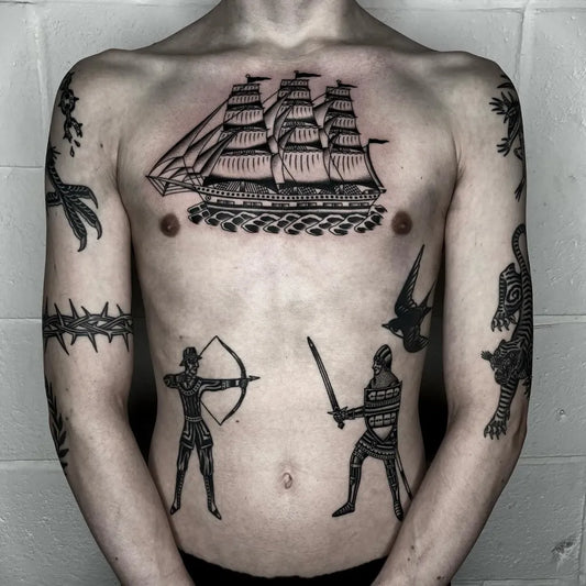 Big Blackwork Sailing Ship Samurai and Raven Nautical Tattoo on Men Chest by @vam.pier