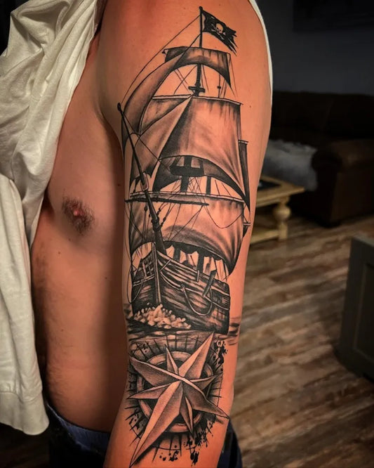 Big Blackwork Sailing Ship and Compass Nautical Tattoo on Men Arm by @slickphillips_art
