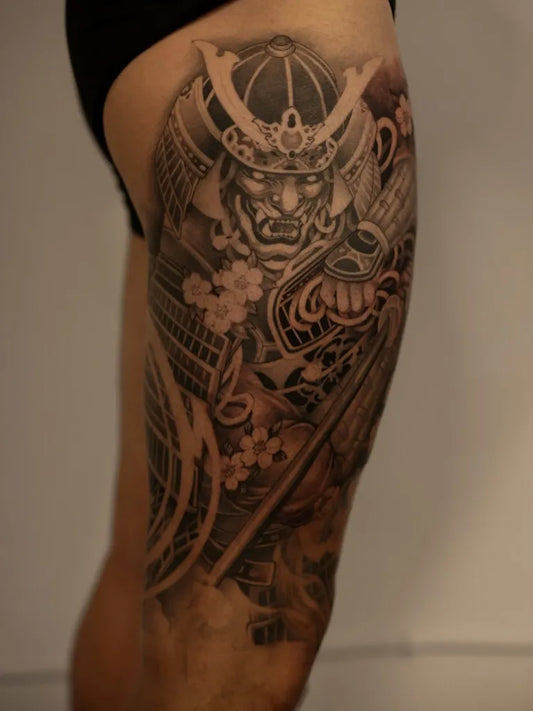 Big Blackwork Samurai Armor Men Thigh by @zs.tattoos