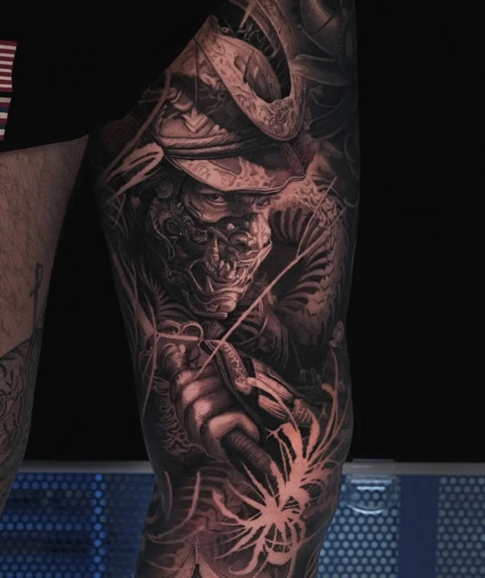 Big Blackwork Samurai Dragon Hannya Men Arm by @sumok_tattoo