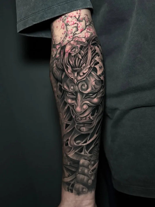 Big Blackwork Samurai Hannya Mask and Cherry Blossoms Tattoo on Men Arm by @debrey_art