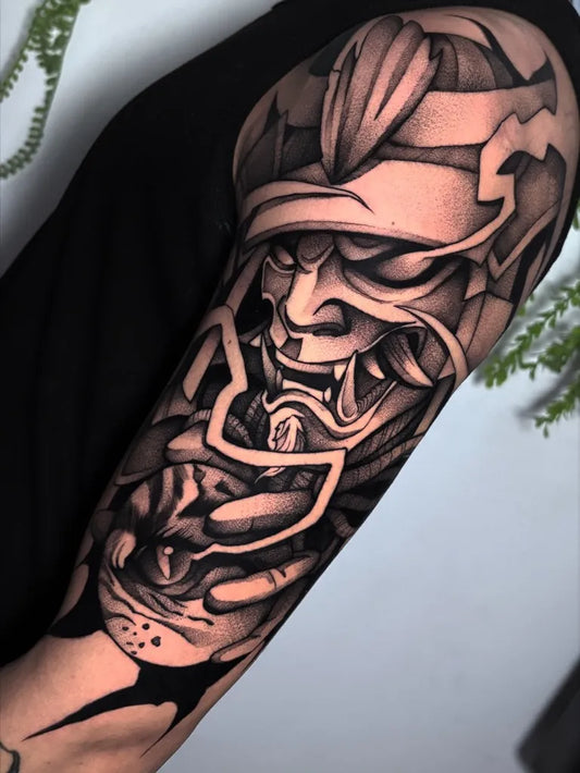 Big Blackwork Samurai Mask Tattoo on Men Arm by @juancorrea_art