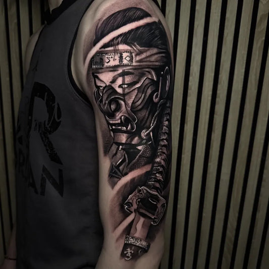 Big Blackwork Samurai Mask with Katana Tattoo on Men Arm by @caspertattoojagodina91
