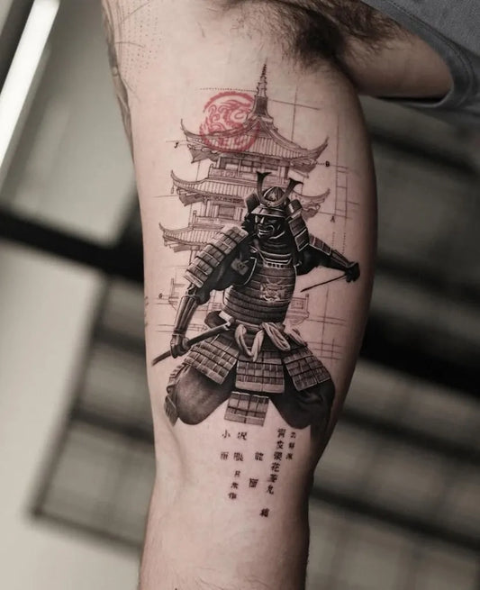 Big Blackwork Samurai Pagoda Tattoo on Men Thigh by @gida_tattoo_tlv