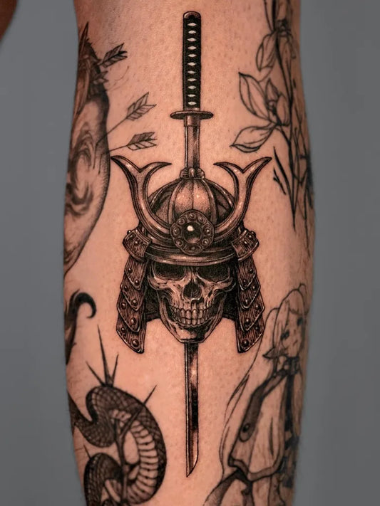 Big Blackwork Samurai Skull Helmet Sword Tattoo on Men Arm by @kabitattooer