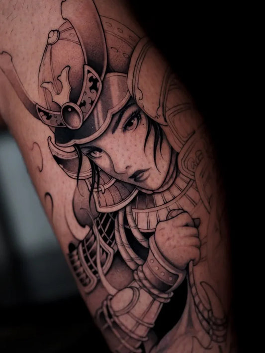 Big Blackwork Samurai Woman Tattoo on Arm by @tatt.zilla
