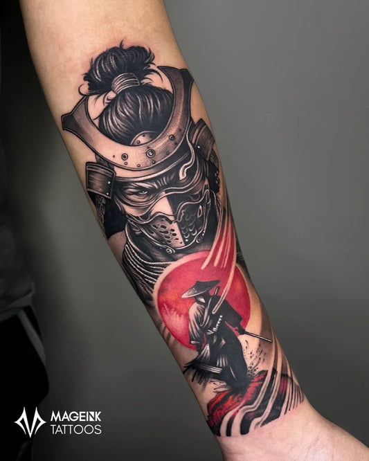 Big Blackwork Samurai and Ronin Tattoo on Men Arm by @mageinktattoos