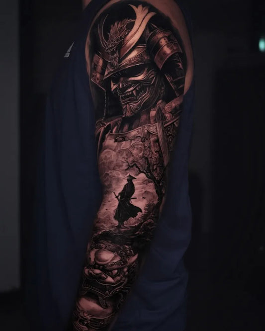 Big Blackwork Samurai with Cherry Blossoms and Hannya Mask Tattoo on Men Arm by @kazin_tattooer