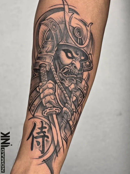 Big Blackwork Samurai with Kanji Tattoo on Men Arm by @n0mad_ink_tattoo