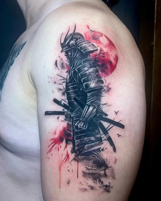 Big Blackwork Samurai with Red Moon Tattoo on Men Shoulder by @inkdamind