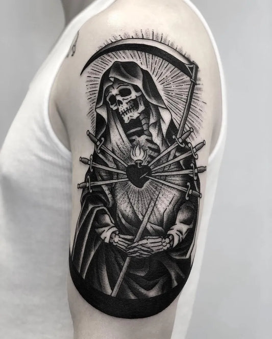 Big Blackwork Santa Muerte Death Reaper Tattoo on Men Shoulder by @tattoosnob