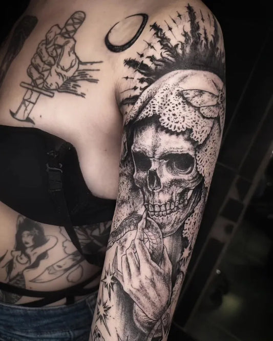 Big Blackwork Santa Muerte Skull and Hands Tattoo on Women Arm by @ywr.art