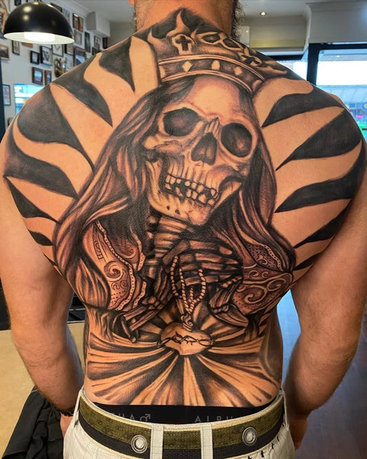 Big Blackwork Santa Muerte Tattoo on Men Back by @lionfish_collective