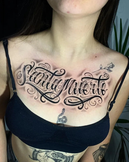 Big Blackwork Santa Muerte with Flourishes Tattoo on Women Chest by @mikabernardoo