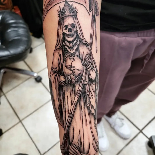 Big Blackwork Santa Muerte with Globe Tattoo on Men Arm by @deadkellyoddity