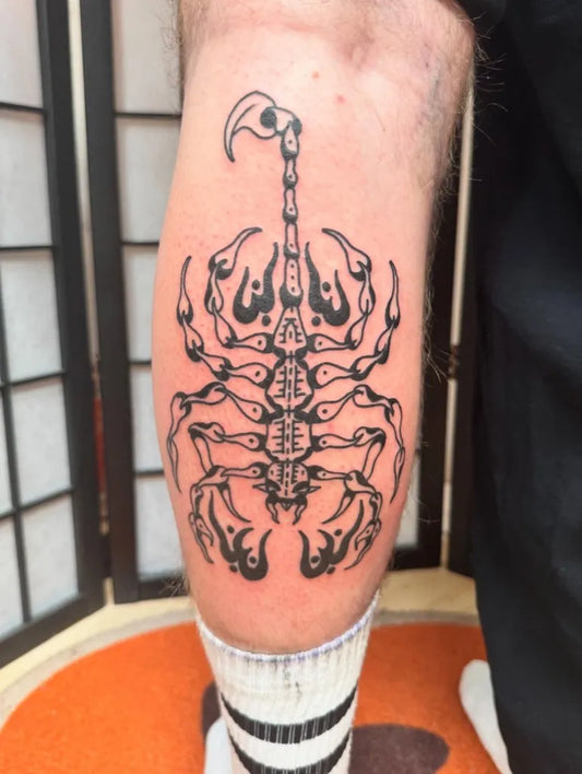 Big Blackwork Scorpion Men Leg Tattoo by @slimshader.tattoos