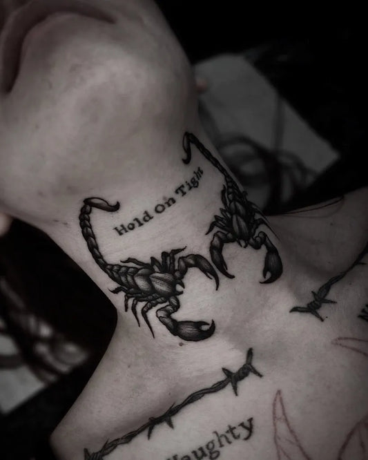 Big Blackwork Scorpion and Text on Women Neck Tattoo by @leahantoniatattoo
