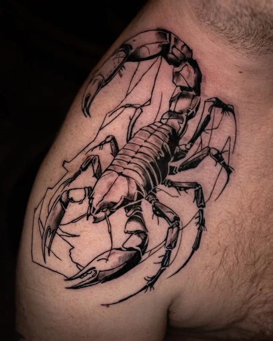 Big Blackwork Scorpion on Men Shoulder Tattoo by @rodeotattooartsinfernum