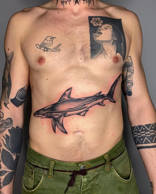 Big Blackwork Shark Tattoo on Men Stomach by @cristi.mero