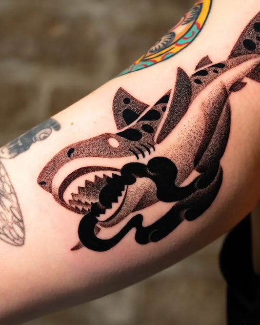 Big Blackwork Shark and Snake on Men Arm Tattoo by @seiji_tattoo