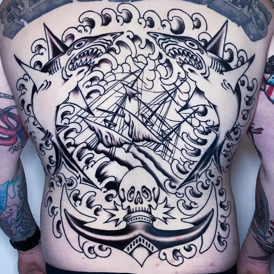 Big Blackwork Sharks Ship Skull Nautical Tattoo on Men Back by @matthowse