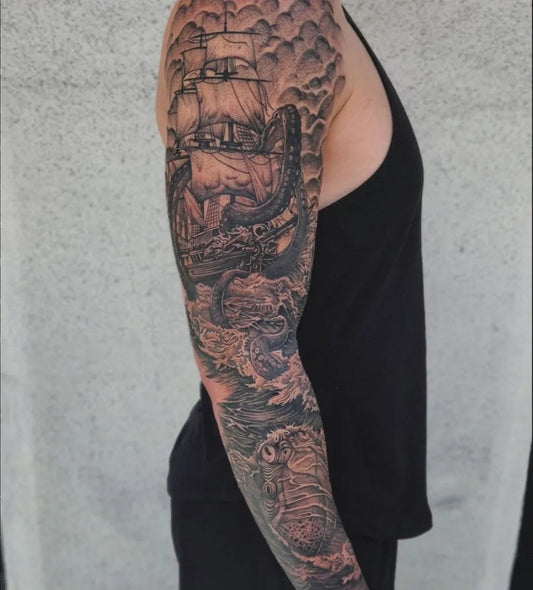 Big Blackwork Ship Kraken Waves Nautical Tattoo on Men Arm by @bayinktattoo