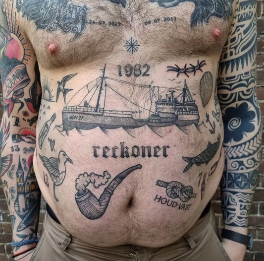 Big Blackwork Ship and Birds Nautical Tattoo on Men Chest by @papanatostattoos