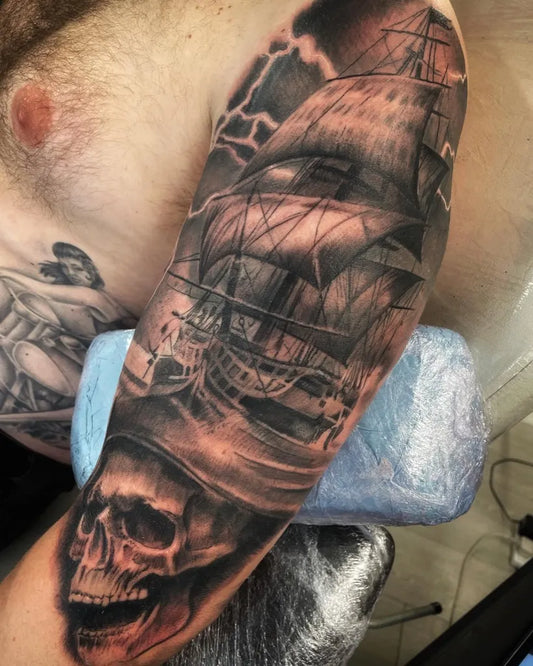 Big Blackwork Ship and Skull Nautical Tattoo on Men Arm by @nicodray