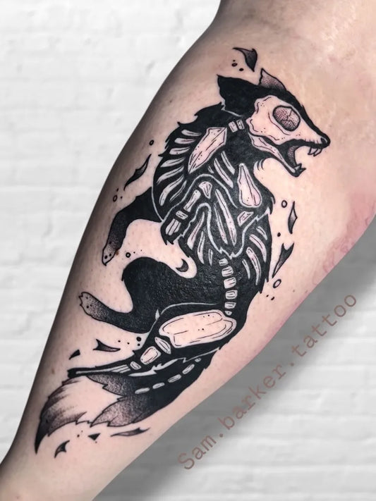 Big Blackwork Skeletal Fox Tattoo on Men Arm by @sam.barker.tattoo