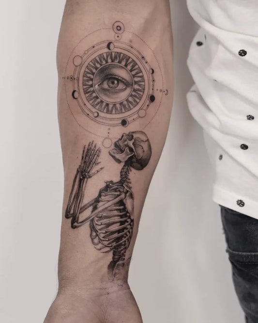 Big Blackwork Skeleton with Eye Tattoo on Men Arm by @goodomengallery