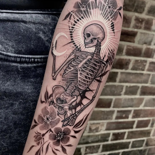 Big Blackwork Skeleton with Flowers and Moon Tattoo on Women Arm by @danijtattoo