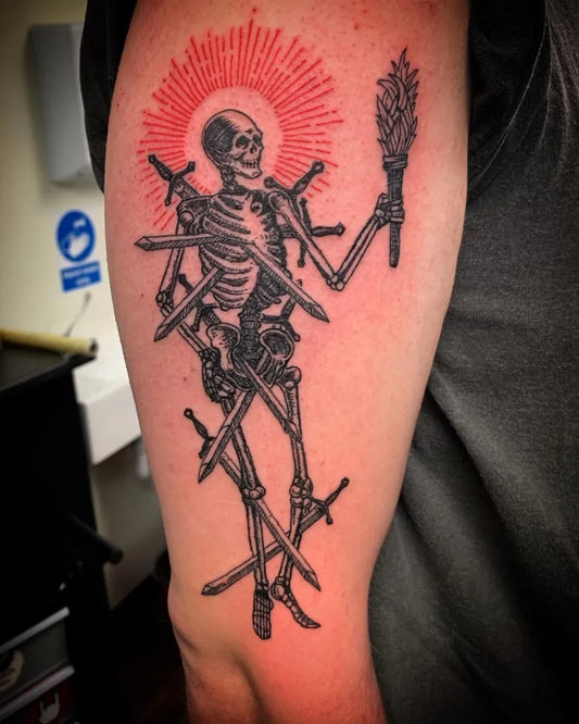 Big Blackwork Skeleton with Halo and Swords Tattoo on Men Arm by @missmorguetattoos