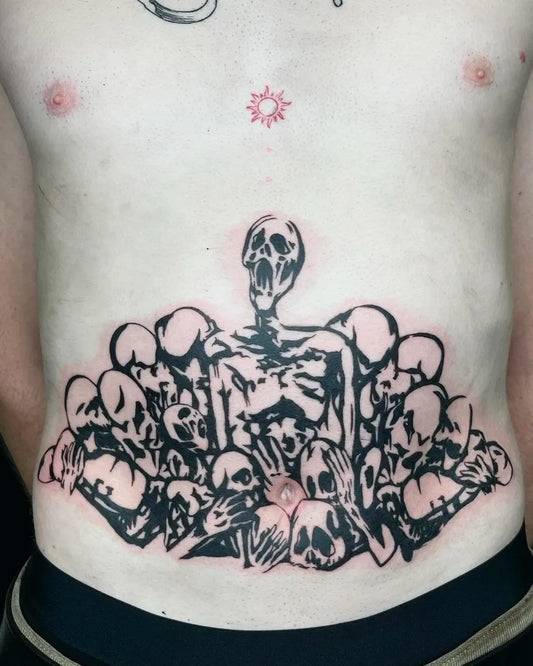 Big Blackwork Skeleton with Skulls Tattoo on Men Stomach by @yebel_tattooer