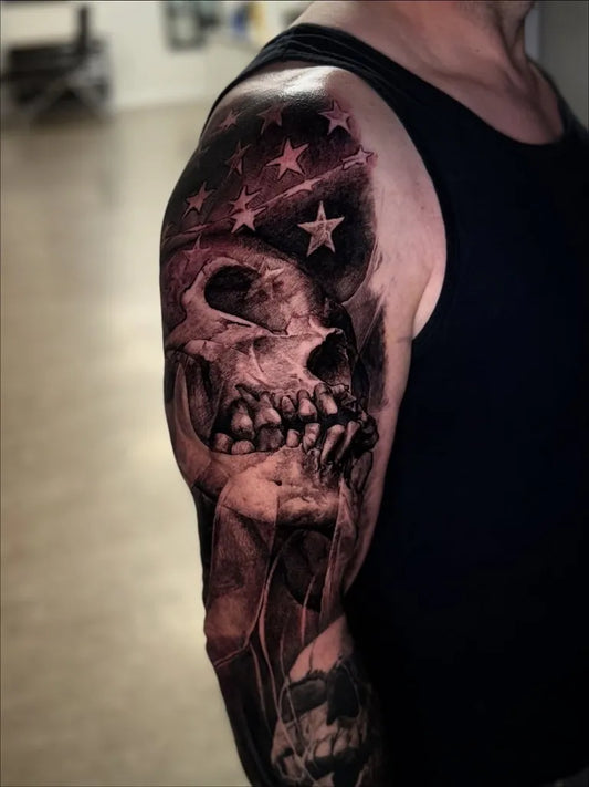 Big Blackwork Skull American Flag on Men Arm Tattoo by @bigbadwolftattoos