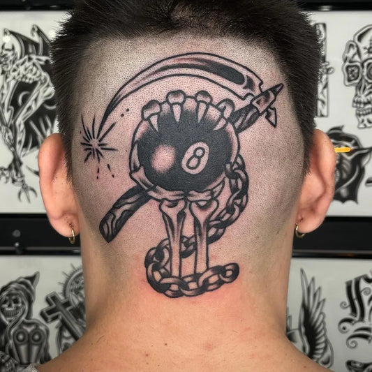 Big Blackwork Skull Ball Chain Tattoo on Men Head by @bensloth