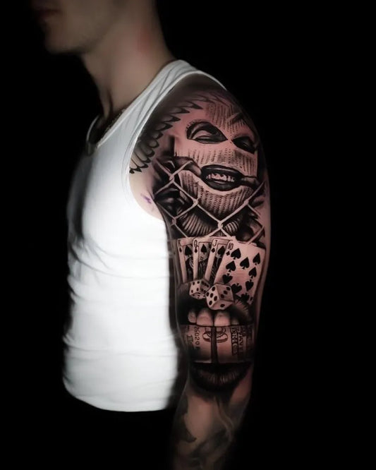 Big Blackwork Skull Cards Chain on Men Arm Sleeve Tattoo by @hammersmith_tattoo_london