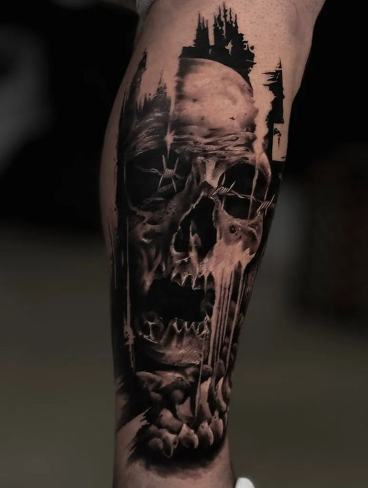 Big Blackwork Skull Castle Trees on Men Thigh Tattoo by @tattoo_piddubnyi