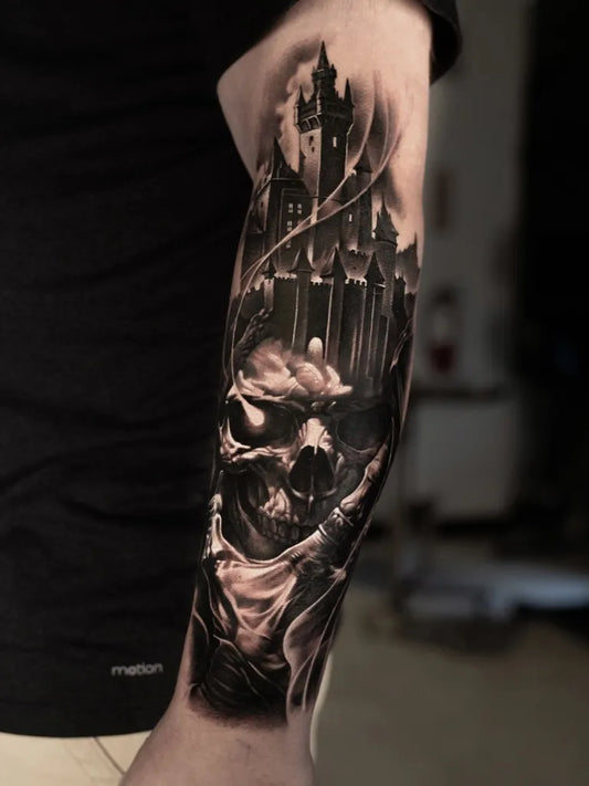 Big Blackwork Skull Castle on Men Arm Tattoo by @garaartstudio