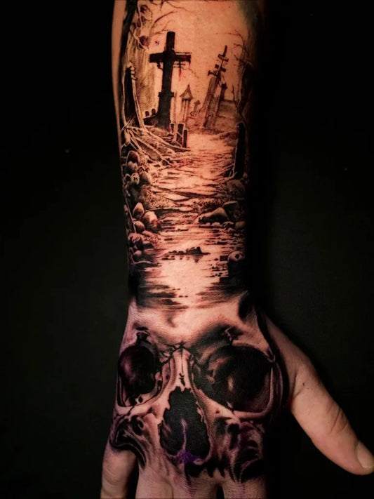 Big Blackwork Skull Cemetery Path on Men Arm Tattoo by @stefano_logan