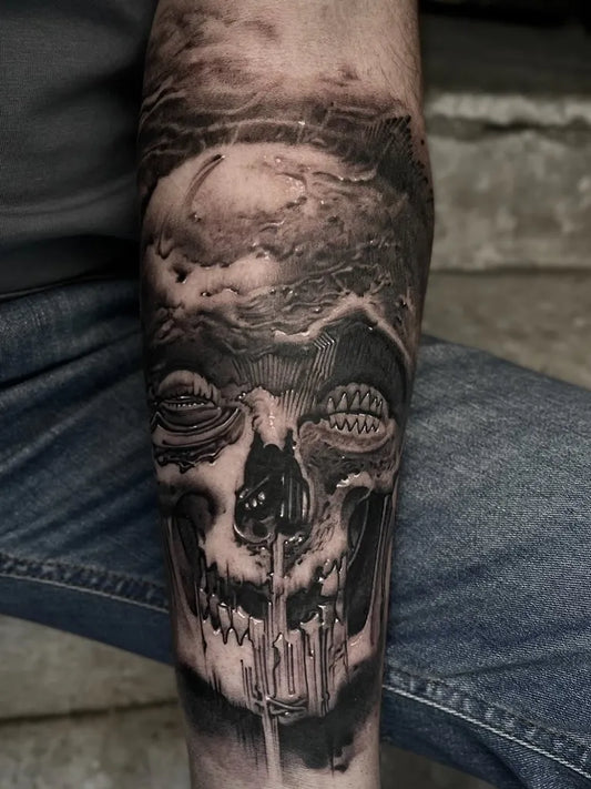 Big Blackwork Skull Clouds on Men Arm Tattoo by @roberthernandeztattoos